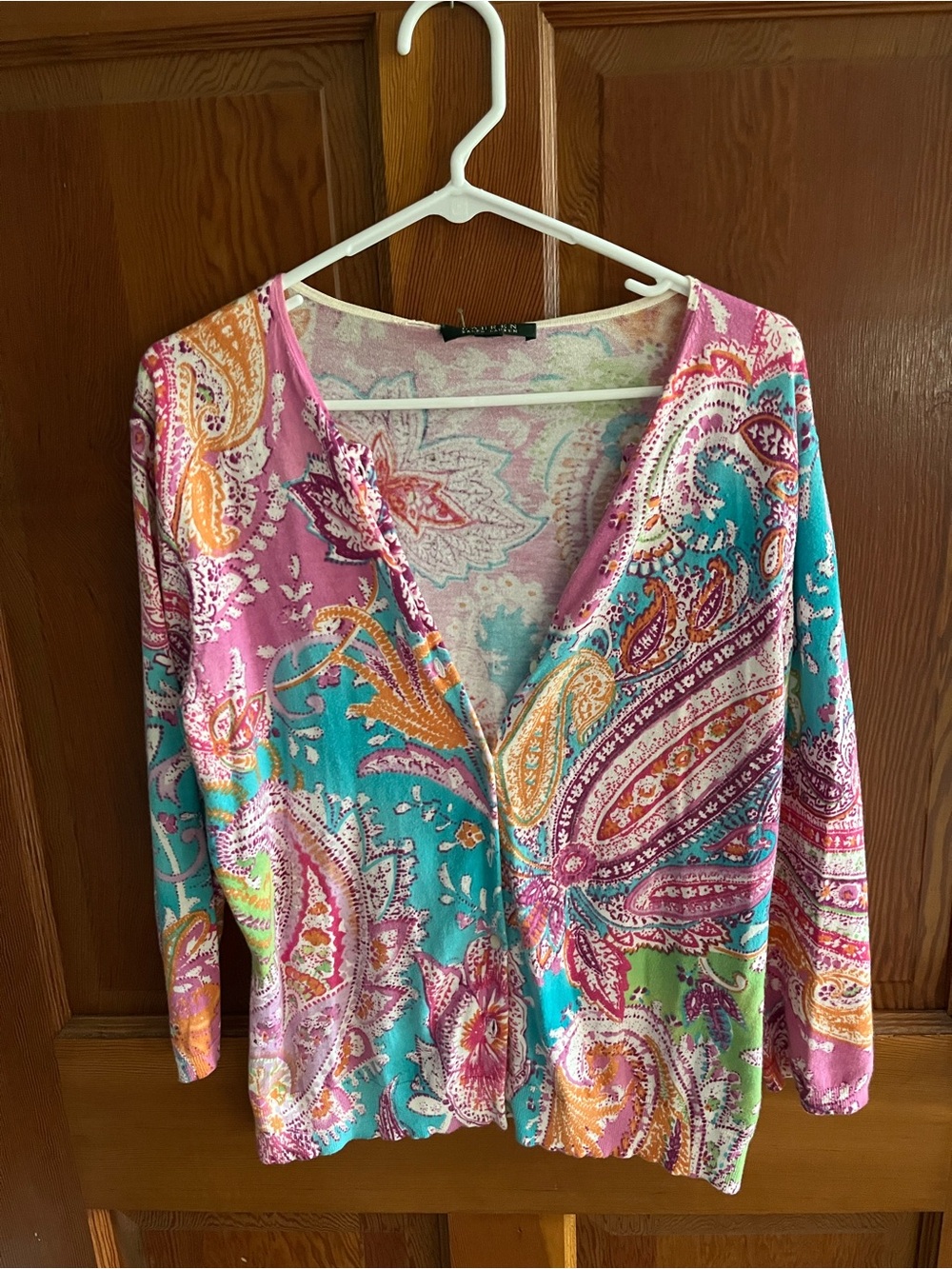 Lauren Ralph Lauren Paisley V-Neck Cardigan in Teal, Pink & Orange